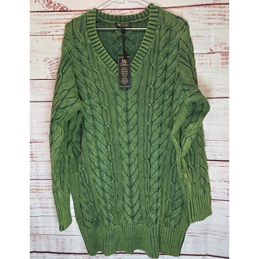 DQ2 Women's Two-Toned Green‎ Cable Knit V-Neck Sweater NEW Women 1X 100% Cotton